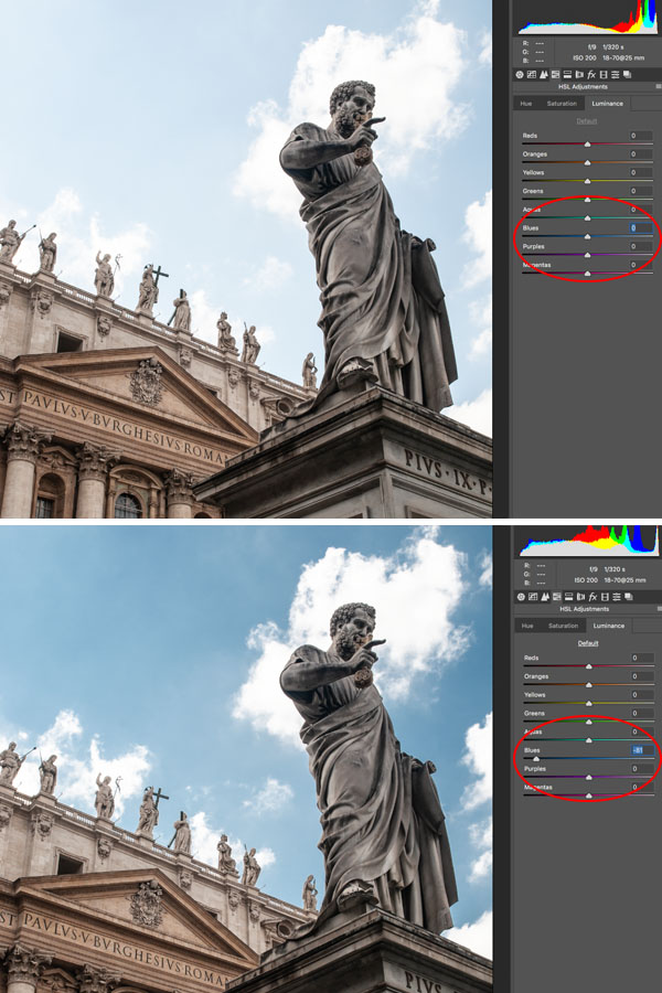 use camera Raw to make the sky dark in a photo of Italian statues