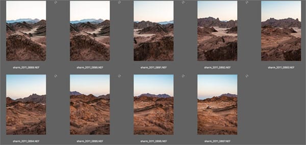 Contact sheet of images once processed in Raw