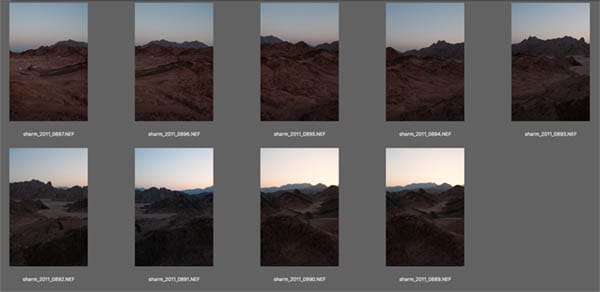 contact sheet of raw images ready for panorama