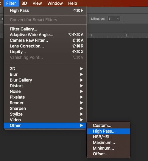filter menu choose high pass for image sharpening