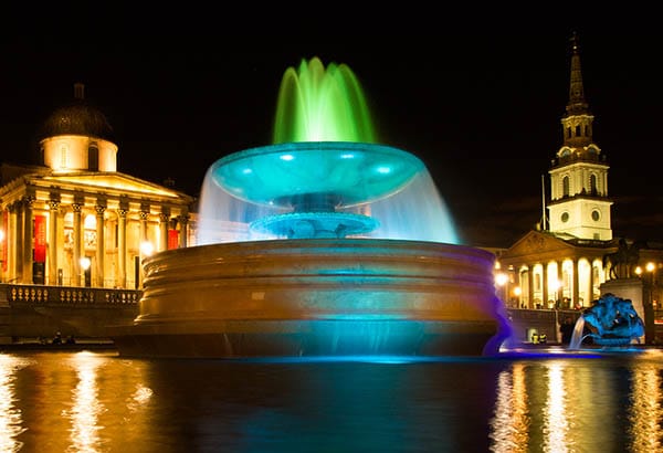Night photography trafalgar square London with long exposure to get water movement