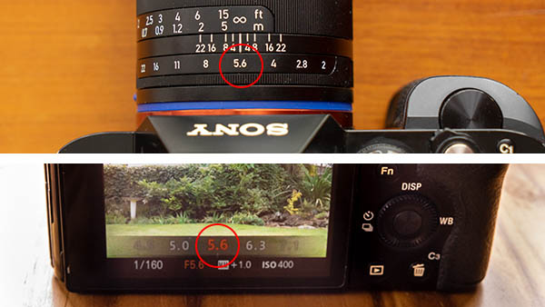 aperture on lens or on camera display